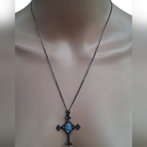 Gothic Oxidized Sterling Silver Cross Pendant Necklace | Iridescent Opal Inlay